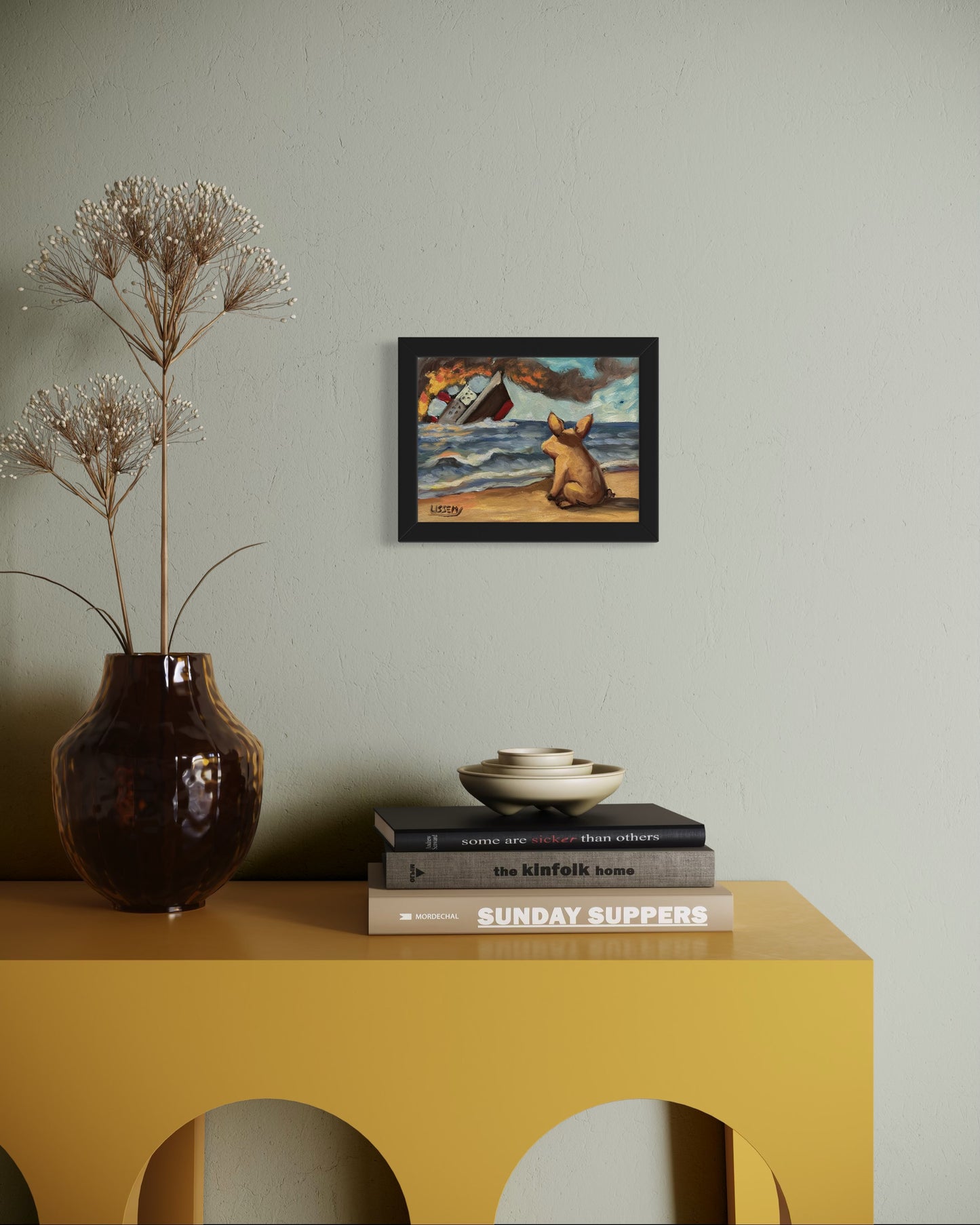 Did My Ship Come In? – Original 6”x8” Oil Painting by David Ussery | Satirical Surreal Pig Art