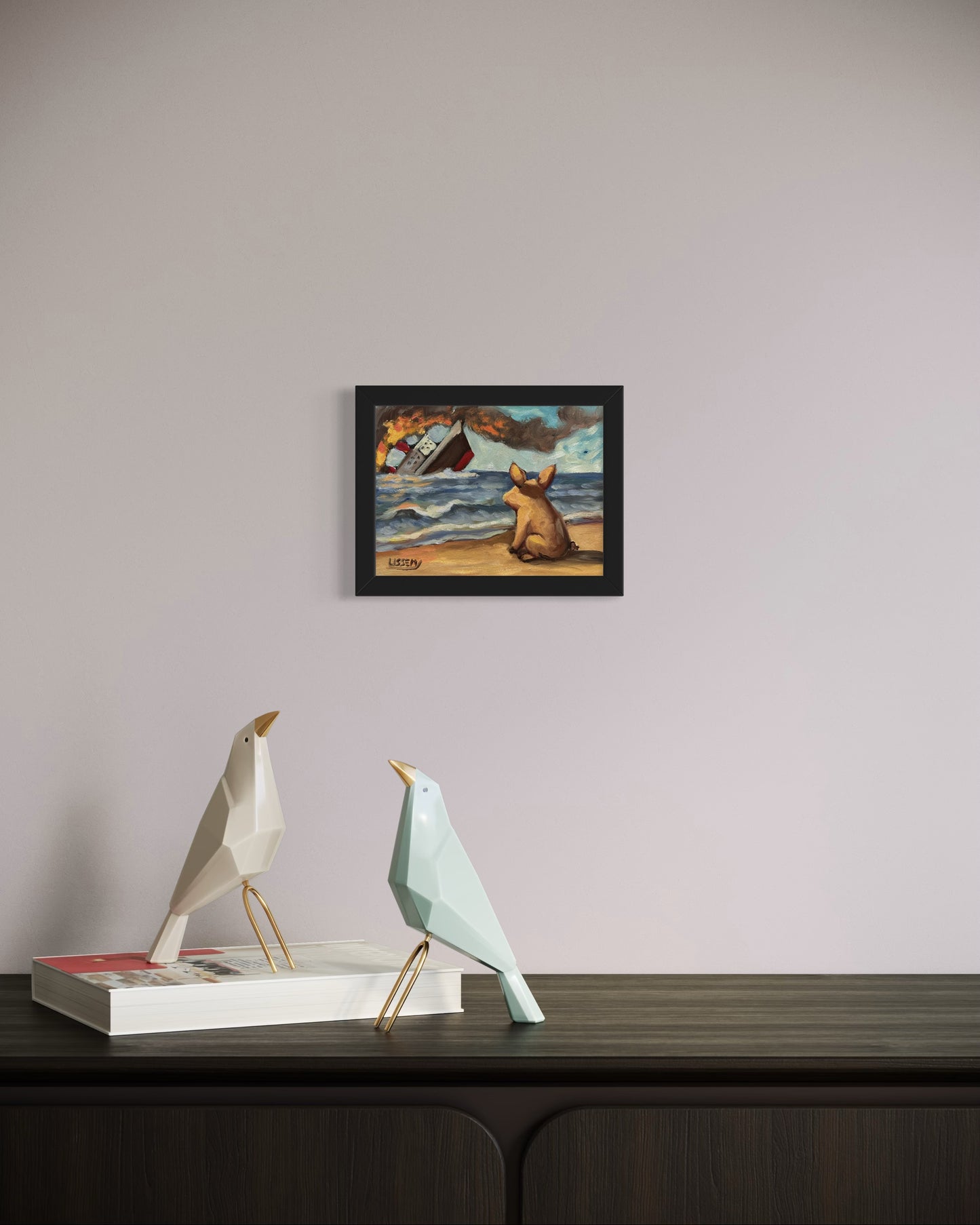 Did My Ship Come In? – Original 6”x8” Oil Painting by David Ussery | Satirical Surreal Pig Art