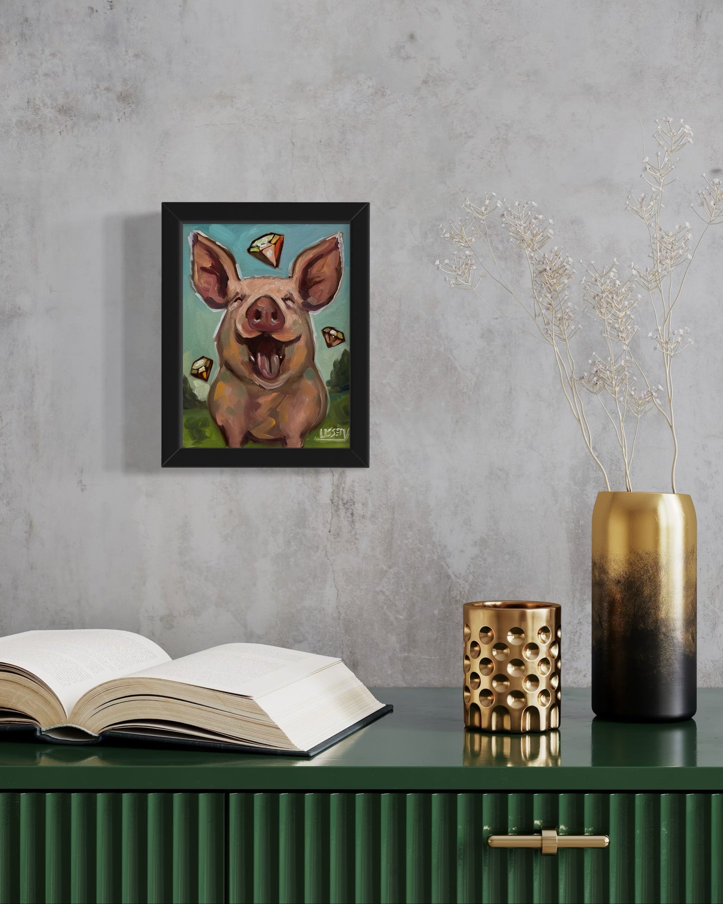 Whimsical original oil painting Diamonds Before Swine by David Ussery. 8x6 panel, COA, free USA shipping. Collect bold, contemporary art