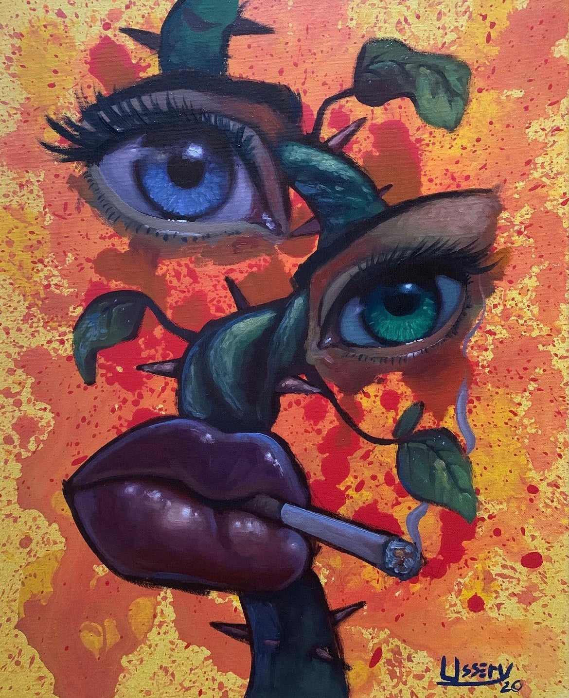 Original surreal abstract painting by artist David Ussery – vibrant portrait with expressive eyes, bold lips, and floral elements on a fiery orange-yellow background. Unique fine art for collectors seeking bold, emotional statement pieces.