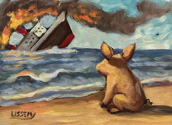 Did My Ship Come In? – Original 6”x8” Oil Painting by David Ussery | Satirical Surreal Pig Art