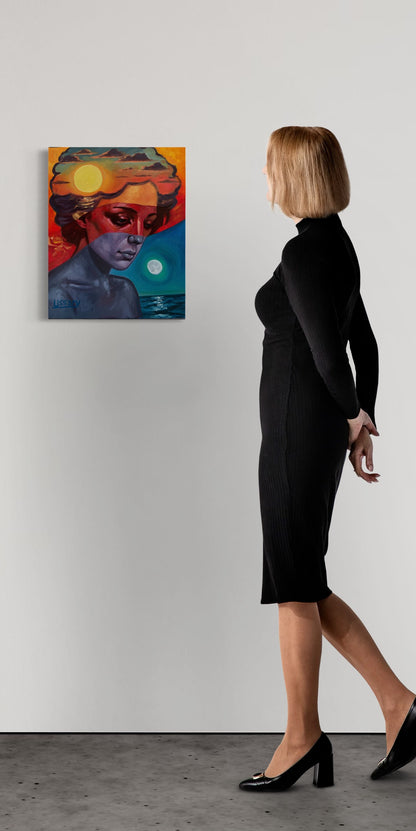 “Diurna-lN-octurnal” original oil painting in modern interior — statement art piece with bold colors, perfect for art collectors and unique souls.
