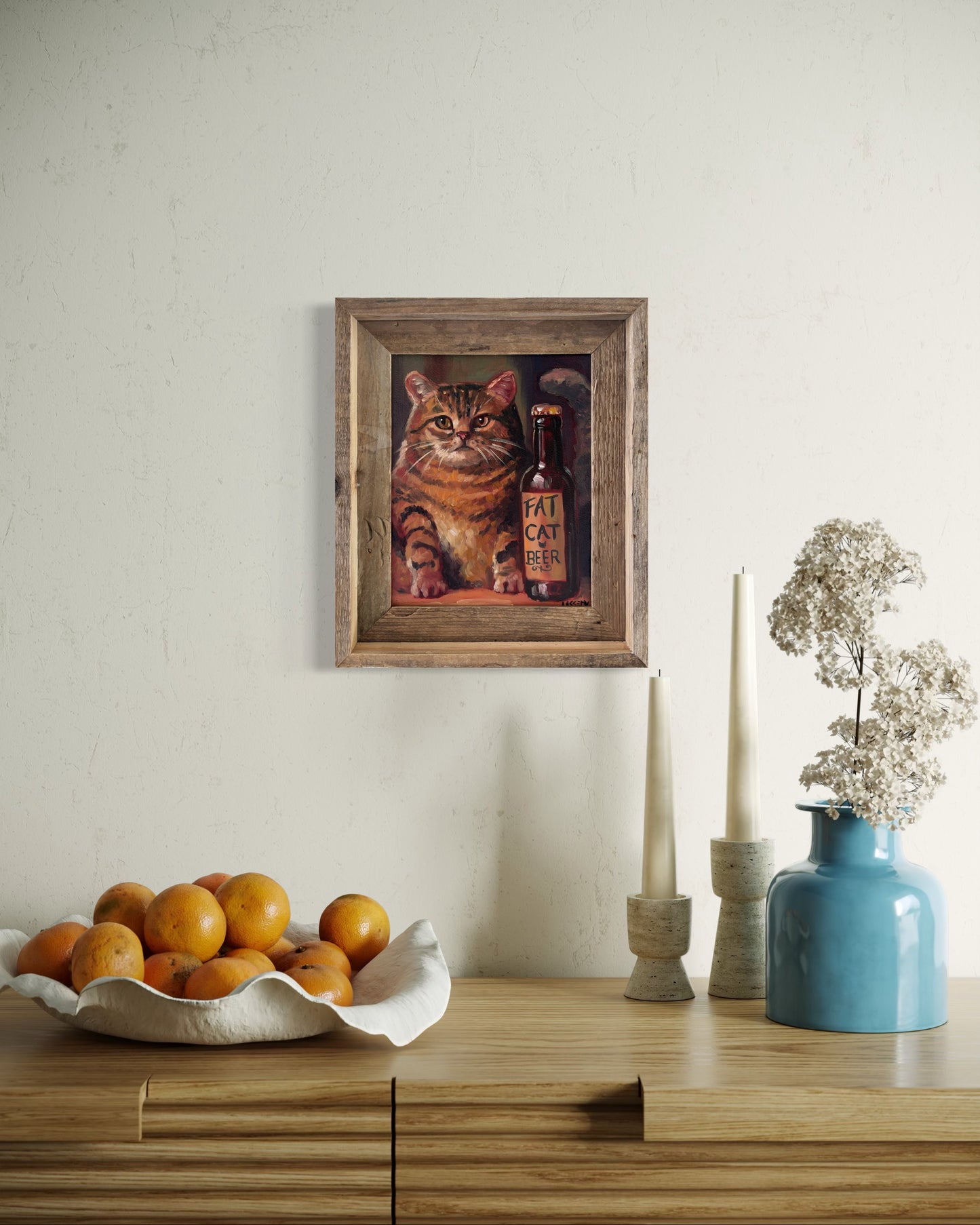 “Fat Cat Beer” oil 8x10. Framed