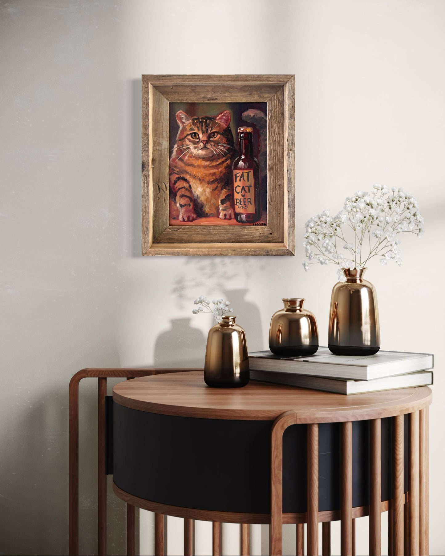 “Fat Cat Beer” oil 8x10. Framed