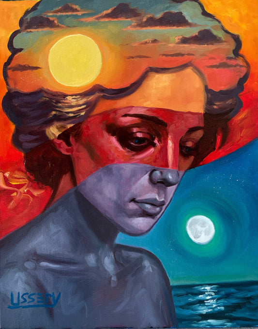 Original oil painting “Diurna-lN-octurnal” by Dave Ussery — bold complementary colors exploring day and night, yin and yang, ocean and imagination — 16x20 varnished canvas with Certificate of Authenticity.
