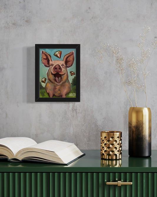 Whimsical original oil painting Diamonds Before Swine by David Ussery. 8x6 panel, COA, free USA shipping. Collect bold, contemporary art
