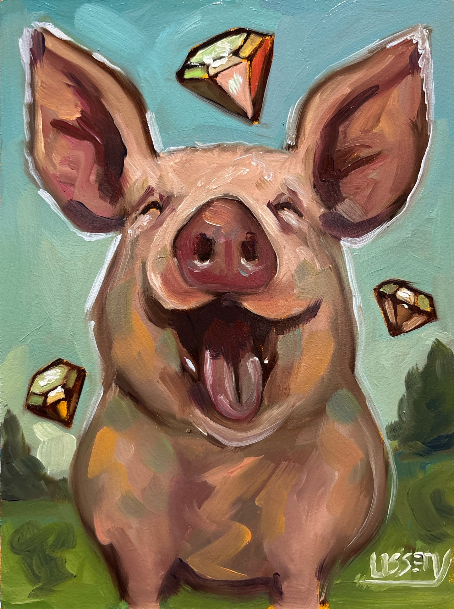 Whimsical original oil painting Diamonds Before Swine by David Ussery. 8x6 panel, COA, free USA shipping. Collect bold, contemporary art