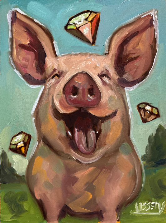 Whimsical original oil painting Diamonds Before Swine by David Ussery. 8x6 panel, COA, free USA shipping. Collect bold, contemporary art
