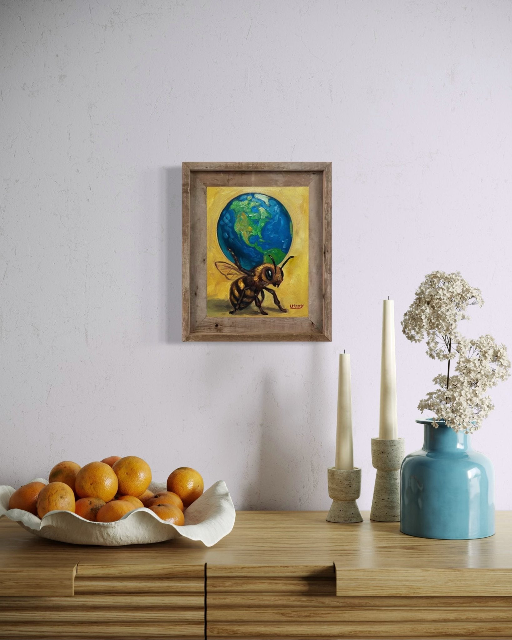 Atlas – Original Bee & Earth Oil Painting by David Ussery | 8x10 on MDF Panel | Framed, Signed, Varnished, Ready to Hang - David Ussery