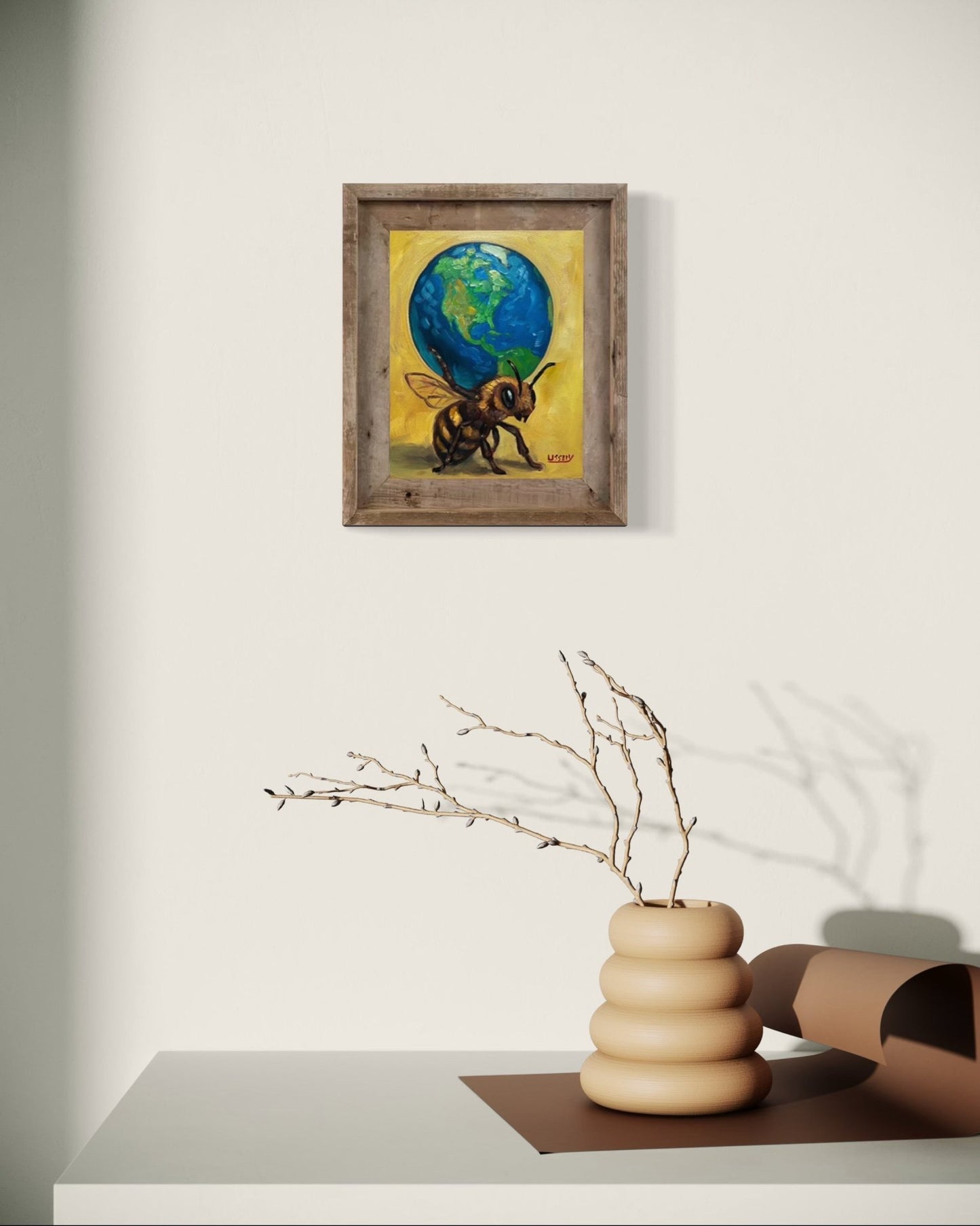 Atlas – Original Bee & Earth Oil Painting by David Ussery | 8x10 on MDF Panel | Framed, Signed, Varnished, Ready to Hang - David Ussery