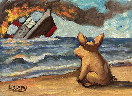 Did My Ship Come In? – Original 6”x8” Oil Painting by David Ussery | Satirical Surreal Pig Art
