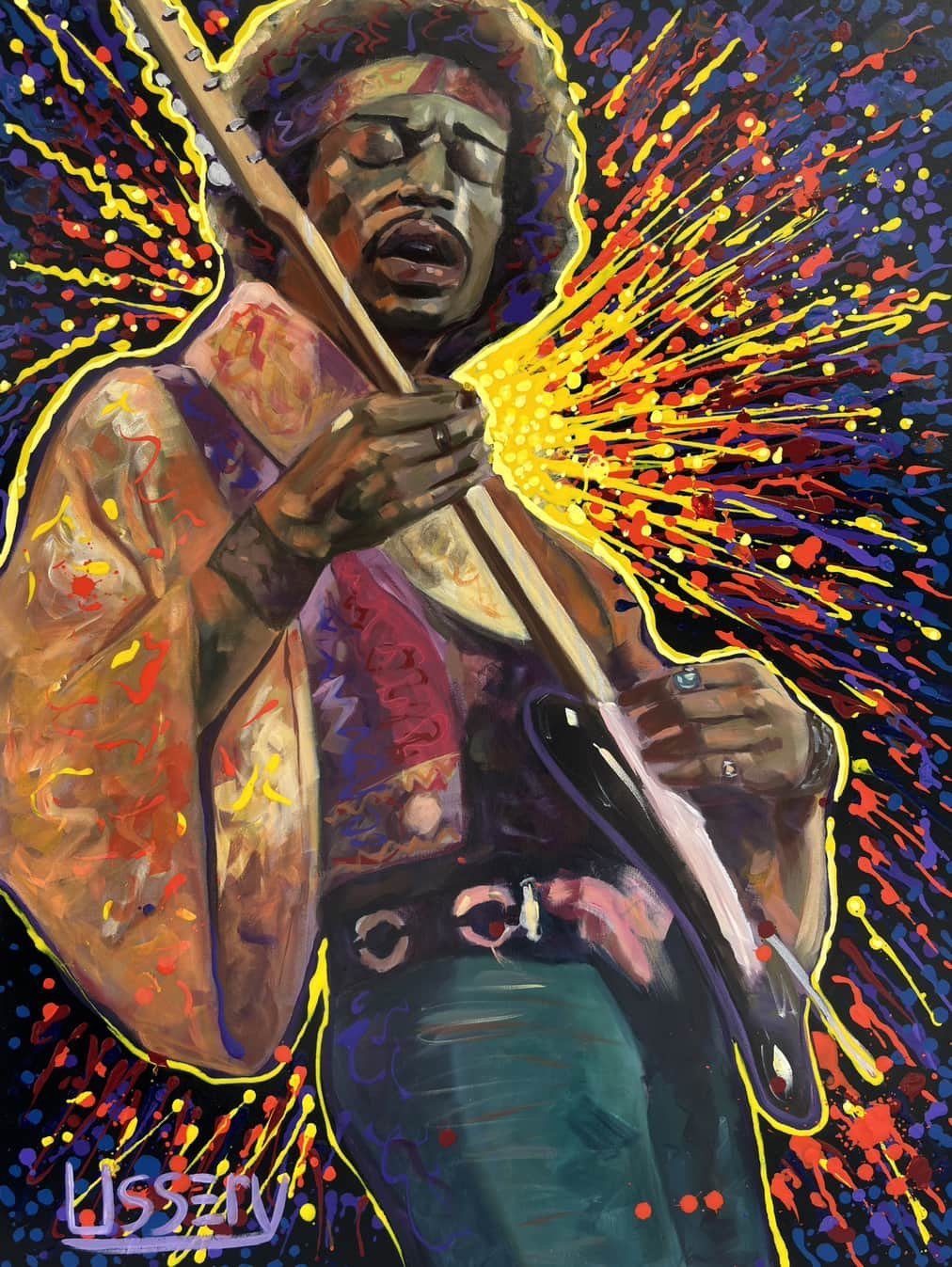 Jimmy’s Fire – Original Jimi Hendrix Acrylic Painting on 30x40 Canvas by David Ussery | Rock & Roll Fine Art - David Ussery