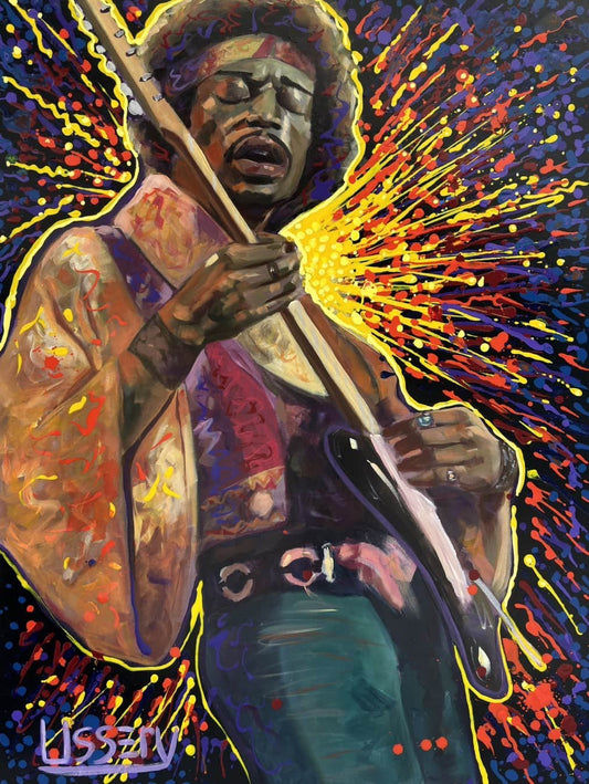 Jimmy’s Fire – Original Jimi Hendrix Acrylic Painting on 30x40 Canvas by David Ussery | Rock & Roll Fine Art - David Ussery