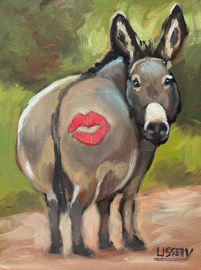 “Kiss” – Original Whimsical Donkey Oil Painting (8x6 Panel)