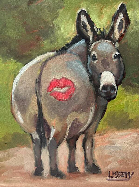 “Kiss” – Original Whimsical Donkey Oil Painting (8x6 Panel)