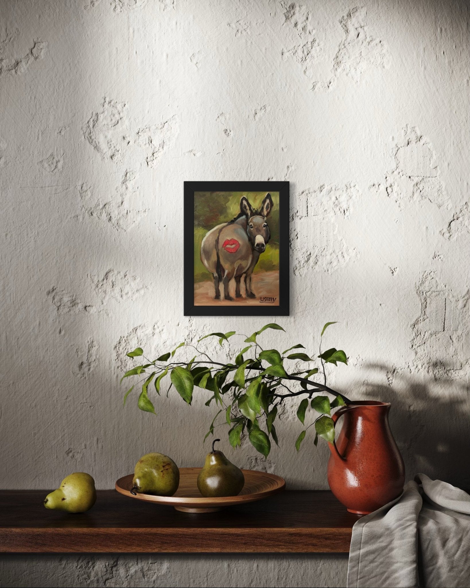 “Kiss” – Original Whimsical Donkey Oil Painting (8x6 Panel) - David Ussery