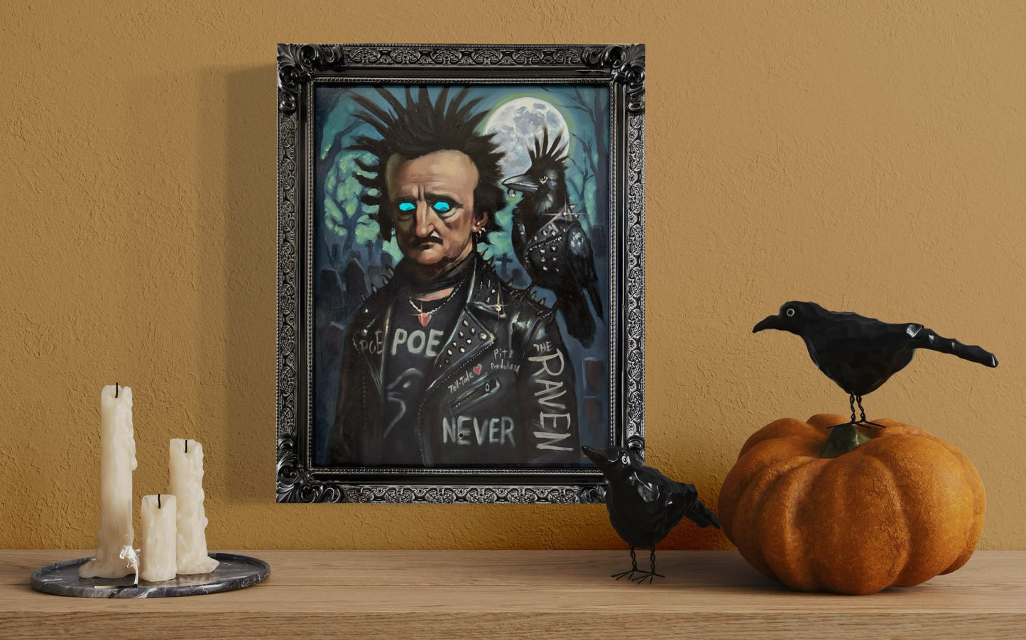Punk Poe – Original 16 x 20 Oil Painting (Light-Up Eyes, Motion Activated) | Gothic Punk Art by David Ussery - David Ussery