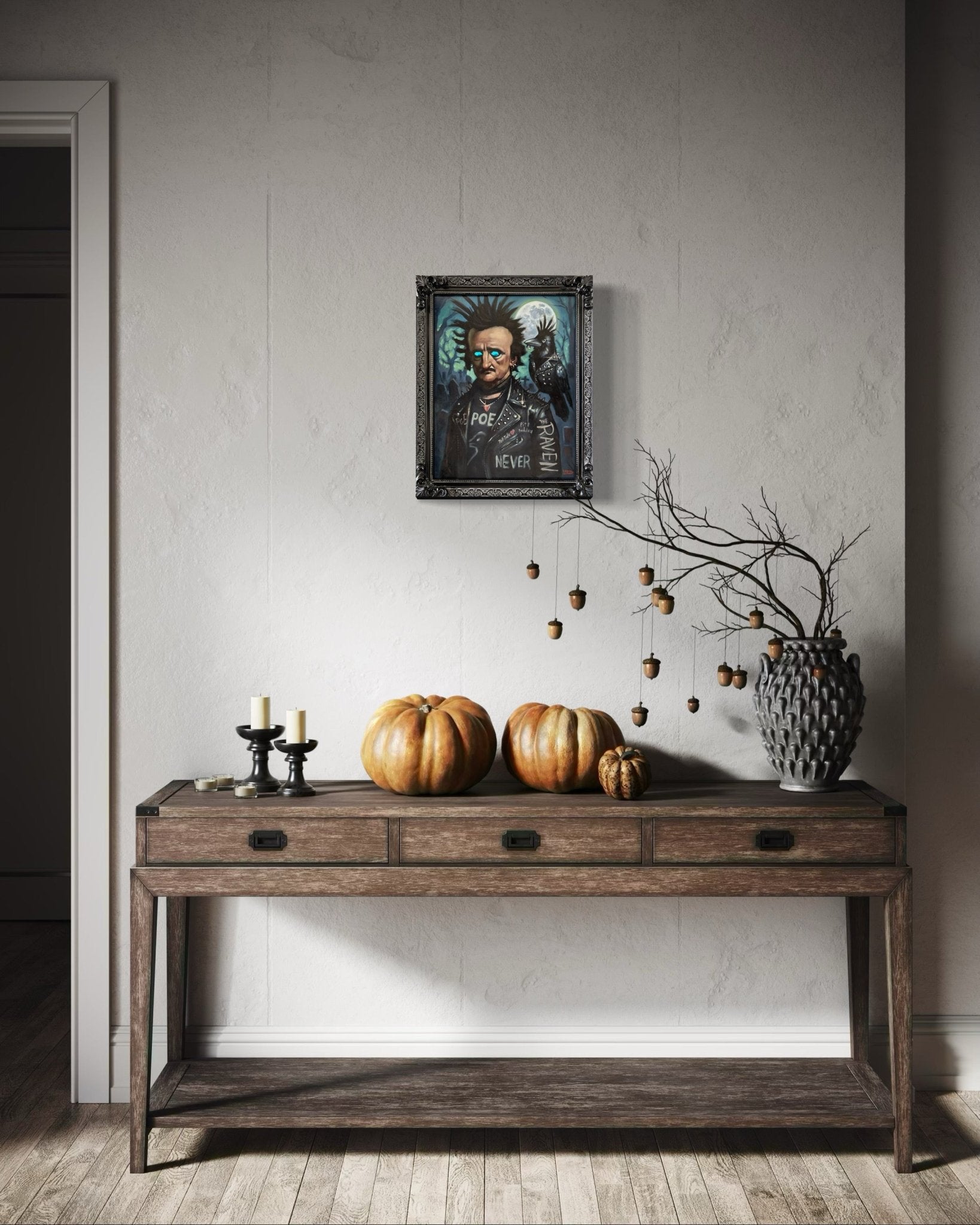 Punk Poe – Original 16 x 20 Oil Painting (Light-Up Eyes, Motion Activated) | Gothic Punk Art by David Ussery - David Ussery