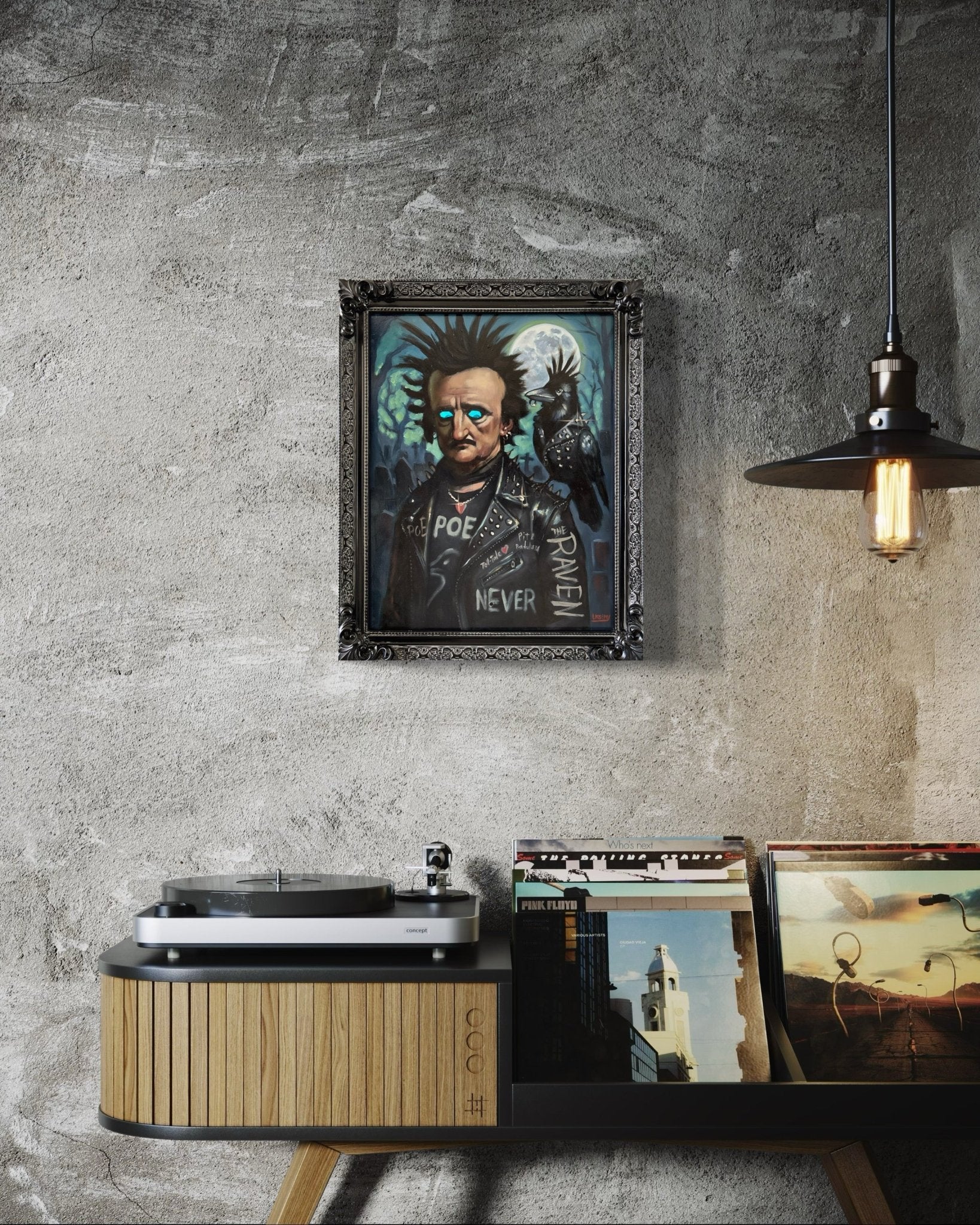 Punk Poe – Original 16 x 20 Oil Painting (Light-Up Eyes, Motion Activated) | Gothic Punk Art by David Ussery - David Ussery