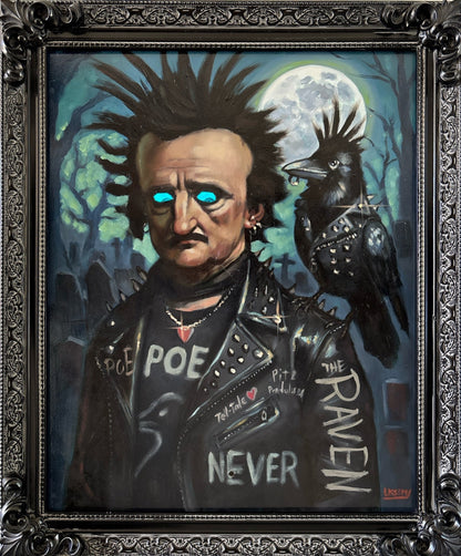 Punk Poe – Original 16 x 20 Oil Painting (Light-Up Eyes, Motion Activated) | Gothic Punk Art by David Ussery - David Ussery
